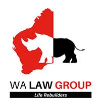 WA Law Group logo with a red and black rhino over a Western Australia map silhouette, featuring the tagline 'Life Rebuilders'.