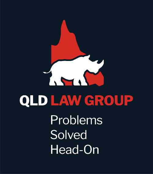 QLD Law Group logo featuring a white rhino over a red Queensland map silhouette with the tagline 'Problems Solved Head-On'.