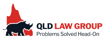 QLD Law Group logo with a black rhino over a red Queensland map silhouette and the tagline 'Problems Solved Head-On'.